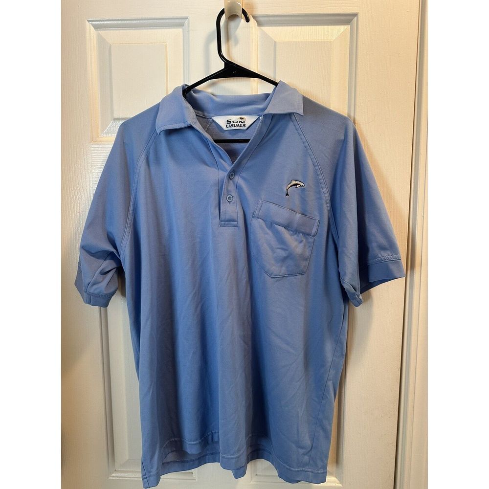 VTG Sun‎ Casuals Polo Shirt L Dolphin Embroidered Blue Pocket Dad Leisure Wear